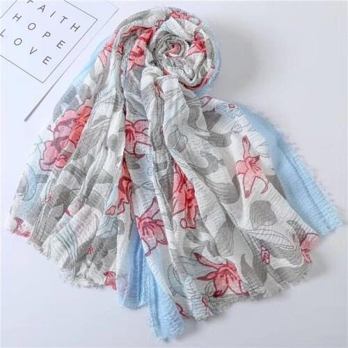 Wrinkle Cotton Hijab Scarf Floral Shawls Muslim Pashmina Large Size Head Wras Pleated Soft Long Wraps Islamic Scarves 1PC Retail