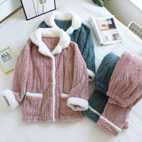 Autumn and Winter Coral Fleece Pajamas Womens Long-sleeved Plus Velvet Thick Korean Loose Flannel Homewear Pajama Setsfor Women