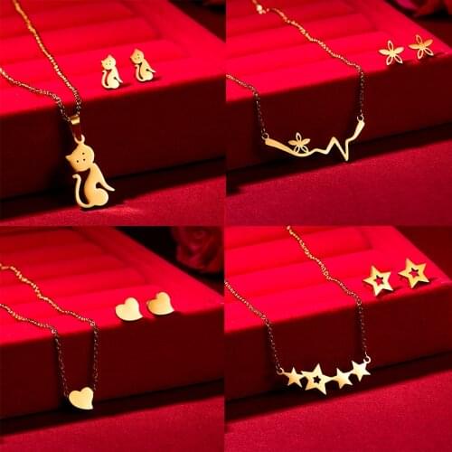 Elegant Cat Design Gold Color Stainless Steel Necklace Sets Heart ECG Flower Star Necklace Earrings Jewelry Set Wedding Gift