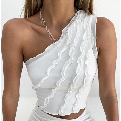 Sexy One-shoulder Ruffle Shirts Top Ladies Solid Color Crop Top Elegant Womens Shirts 2021 Party Tunic Blouse Female
