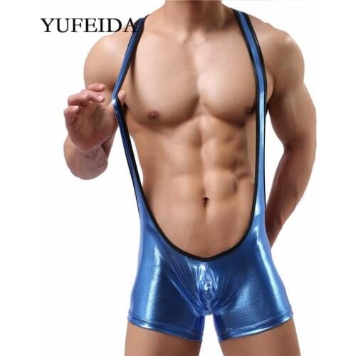 Sexy Mens Undershirts One-Piece Bodysuits Leotard PU Leather Jumpsuits Wrestling Singlet Boxer Shorts Underwear Dance Clubwear