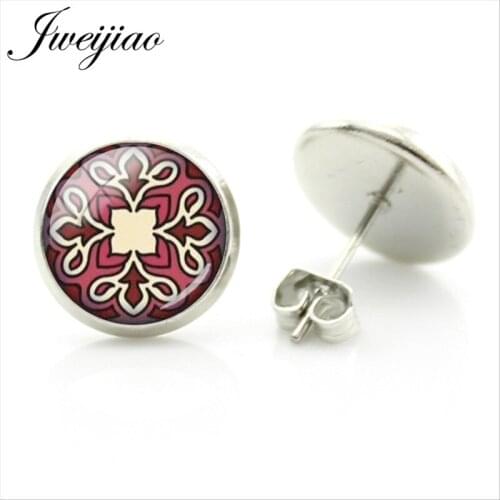 JWEIJIAO Henna Mandala Earrings The Splendor Of Kaleidoscope Picture 12mm Glass Cabochon Stud Earrings Jewelry Gift HN353