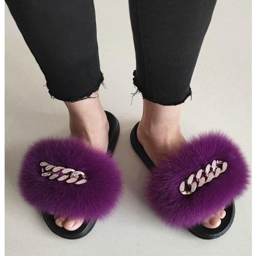 Hot Summer Sexy Real Fox Fur Slippers With Diamond Chain Furry Fluffy Slides Indoor Home Flat Shoes Women Casual Free Shipping