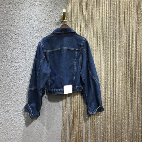 Rhinestone Chains Denim Coat Women Spring Summer Black Cropped Tops Jacket Fashion Single Breasted Streetwear Cowgirl Jackets