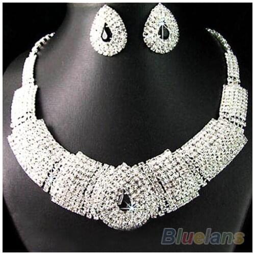 Wedding Party Bridal Black Diamante Crystal Necklace Earrings Set Jewelry Prom 1G1S
