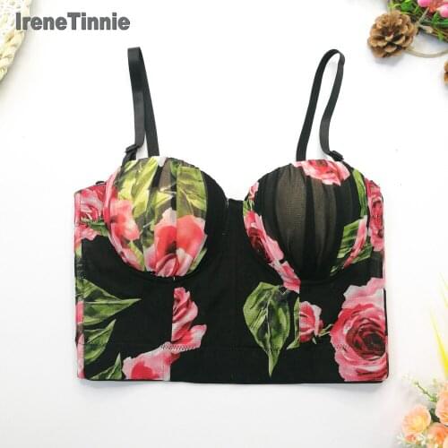 Irene Tinnie Fashion French Style Romantic Sexy Mesh Flower Printing Vest Chest Padded Thin Sleeveless Bustier Corset Crop Tops