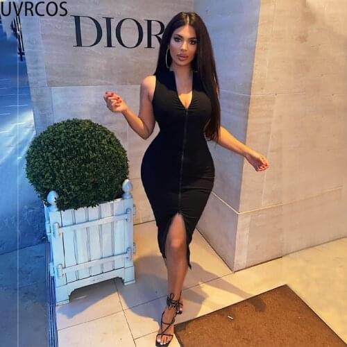 UVRCOS Streetwear Women Summer Womens Clothing Black Midi Dress Stand Neck Long Zipper Sleeveless Casual Elegance Party Clubwear