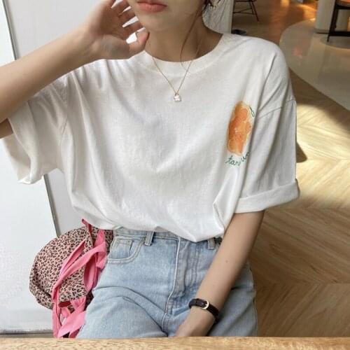 Korean Orange Printed Summer T-Shirts Women O-Neck Short Sleeve Casual Vintage Harajuku Shirts Tops Loose White Streetwear Z315