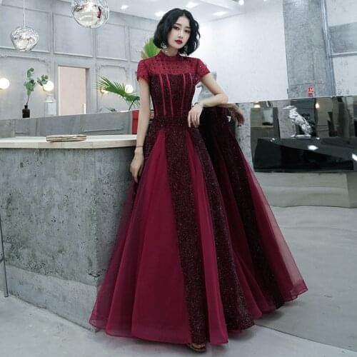 Evening Dresses High Neck Short Sleeves A-line Floor-length New Elegant Bling Plus size Customized Women Formal Party Dress A222