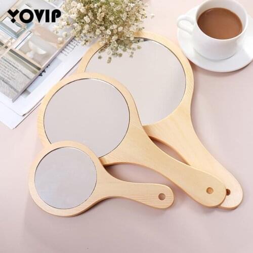1Pcs Mirror Portable Round Wood Vintage Hand Mirror Make Up Mirrors With Handle For Women 3 Size Option