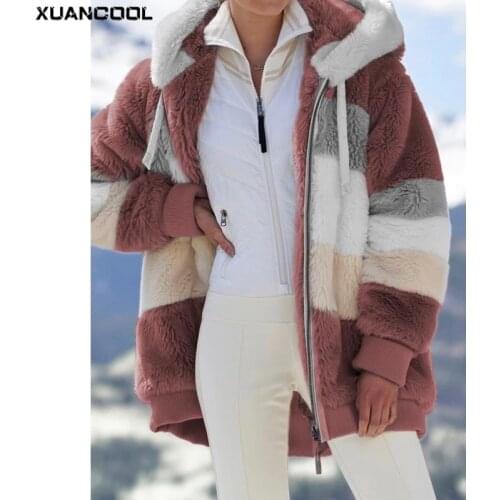 Winter Women Coat Plus Size Long Slevee Loose Plush Warm Jacket Ladies Hooded Zipper Patchwork Outerwear Casual Females Clothes