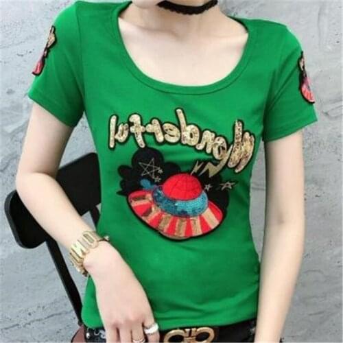 100% Cotton Summer Women T-shirt Tops Sequined Embroidery Short Sleeve Bottoming T Shirts