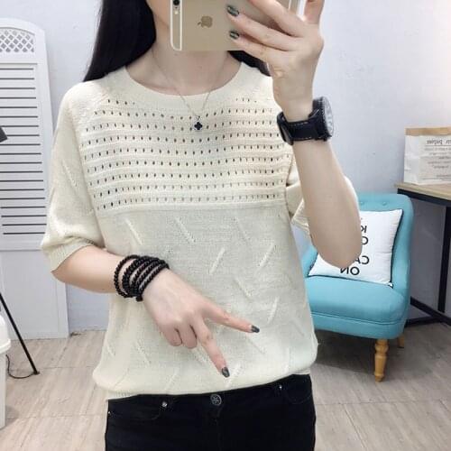 Hollow Out Summer Knitted Tops Casual Short Sleeve Thin Pull Jumpers O-neck Korea Cool Pullovers Sweaters Top Femme White Tops