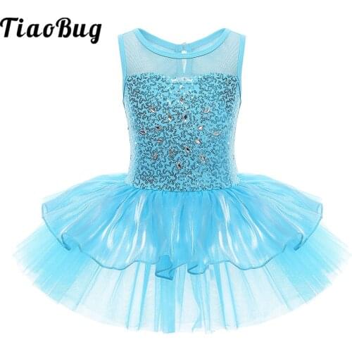Fairy Dance Dress Kids Girls Ballet Tutu Leotard Dress Shiny Sequins Sleeveless Tulle Gymnastics Lyrical Dance Costumes Blue