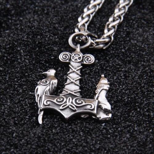 Dropshiping new arrival stainless steel Viking Wolf and Raven Mjolnir thor hammer rune pendant necklace men gift