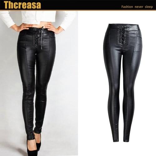 Europe Station Explosions Strap PU Pants Women Plus Velvet Glossy Pants Women Fall/winter Amazon Pencil Pants Black Leggings