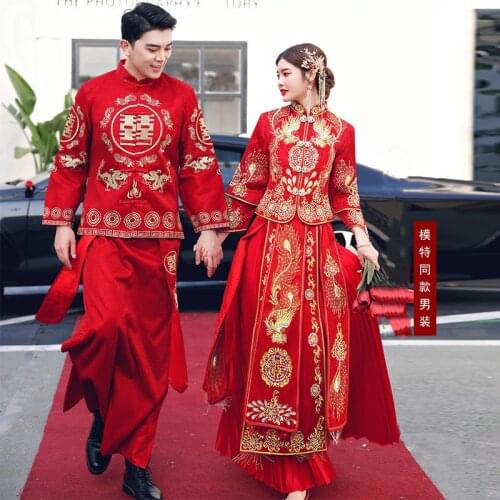 Refined Luxury Female Phoenix Embroidery Cheongsam Chinese Traditional Party Qipao High Quality Red Chinese Wedding Dress
