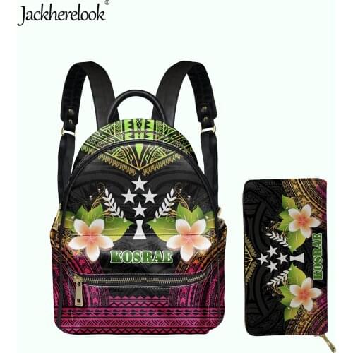 Jackherelook Kosrae Polynesian Plumeria Design Small PU Backpack Clutch Wallet 2pcs/Set for Women Girls Mini Campus Schoolbag