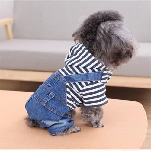 Pet Dog Jumpsuits Denim Stripe Clothes Puppy Cat Hoodie Jean Coat Jacket Clothes For Teddy Yorkies Ropa Perro Autumn Winter