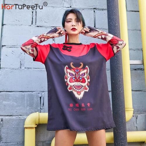 Patchwork Mesh Long Sleeve T Shirt Women Summer Fall Loose Trend Tee Cartoon Graffiti Chinese Style Red Lion Head Plus Size Tops