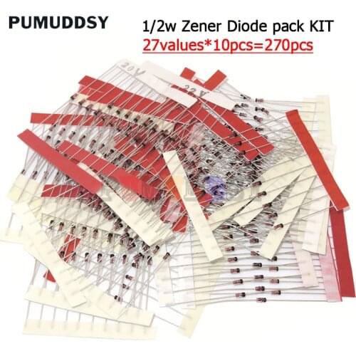 270pcs/lot 0.5W Zener Diode Kit Assortment Set 1/2W 2V4-33V Zener Diode Pack 12V 18V 5V1 5V6 3V3 3V6 4V3 4V7 6V2 6V8 7V5 20V 22V