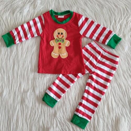 Boutique childrens baby boys Pajamas embroidery bear sleep wear Stripe long sleeve pants set wholesale RTS