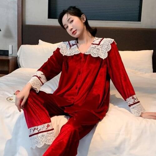 Womens pajamas Thick Flannel Warm Female Winter Sleepwear Round Neck Pajama Set Homewear Long Sleeve Full Trousers Two Piece
