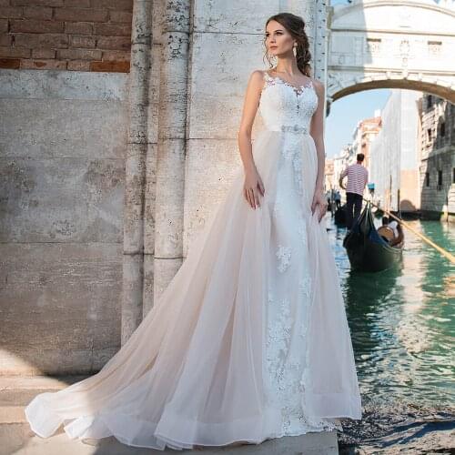 Amazing Pink Two Pieces Mermaid Wedding Dresses with Detachable Skirt 2021 Sexy Off Shoulder Lace Applique Open Back Bridal Gown