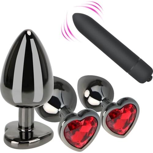 Plating Black Metal Anal Plug Romantic Red Heart Crystal Base Mooth Butt Plug Anal Bead Couple Anus Dilator Metal Ball Massager