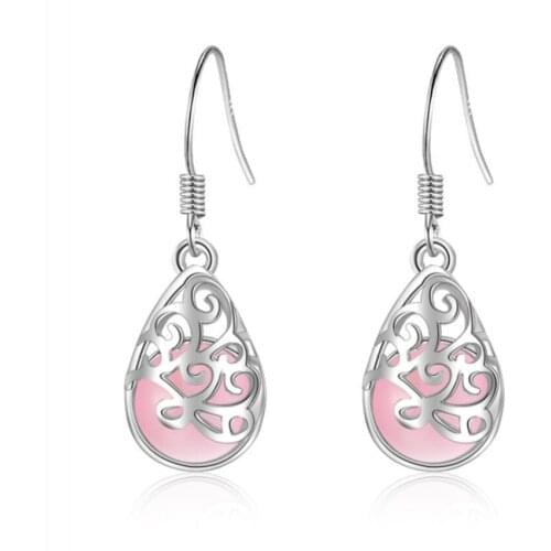 Trendy Silver Plated Water Drop Pink Cat Eye Stone Dangle Earrings for Elegant Women Jewelry