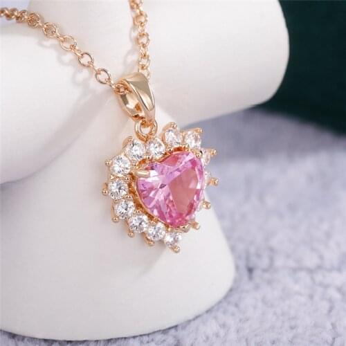 Gorgeous Romantic Pink Color Heart Pendant Necklace Women Engagement Wedding Bridal Necklaces Brilliant CZ Girls Charm Jewelry