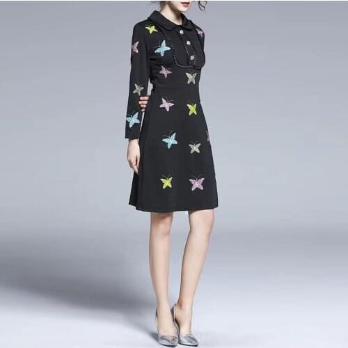 IVY HE High Quality Autumn Dress Woman Clothing Lapel Crimp Butterfly Embroidery Brocade Cotton Midi Long Vintage Party Dresses