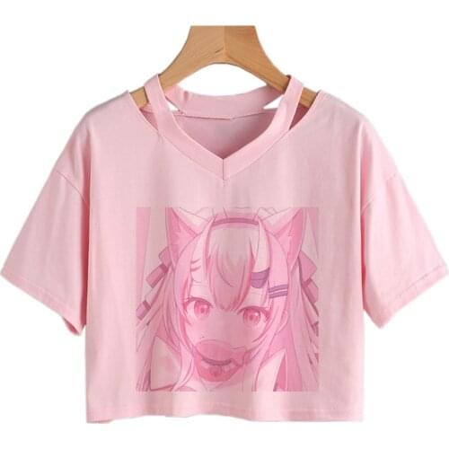 Women Pink short TShirt Girl Harajuku Cute Graphic Tops Summer Short sleeve Kawaii top V-neck Crop tops Vintage Punk Loose shirt