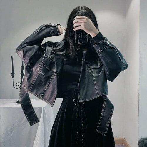 Black Chic Hem Short Loose Lapel Long sleeve Women Faux PU Leather Jackets Spring Korean Motorcycle Biker Jacket Chaqueta Mujer