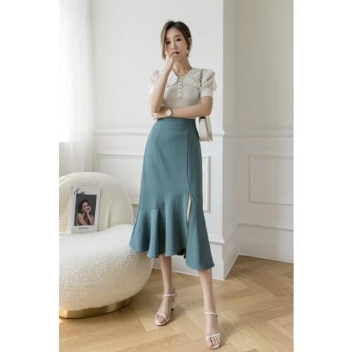 Spring summer Korean Chic Ruffles Slim High Waist Mermaid Skirts Women Wild Solid Wrap Hip skirt 2021The New