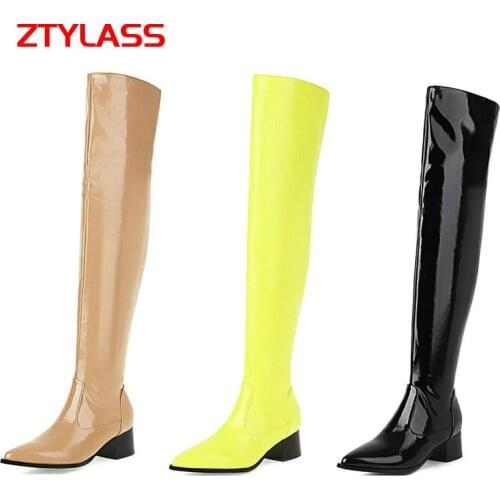 2021 New Autumn Winter Sexy Over The Knee Boots Women Patent Lether Zipper Thigh Boots Comfort Square Low Heel Shoes Woman