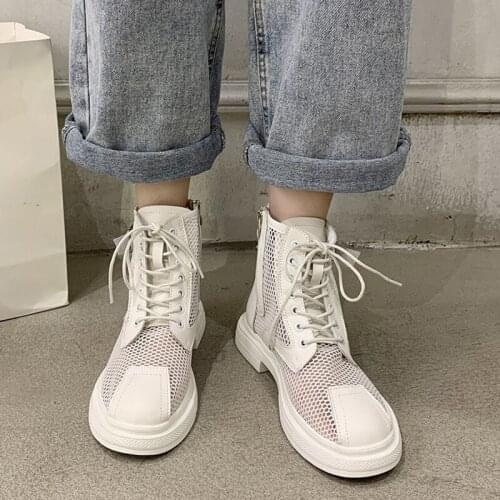 MiaoguanHollow Out Mesh Summer Ankle Boots For Women Breathable Zipper Lace Up Casual Shoes Woman Low Heels Short Booties White