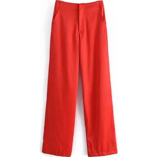 2021 za Women Fashion satin full-length trousers Woman Vintage high-waist pockets Ladies trousers Ladies chic straight-leg pants