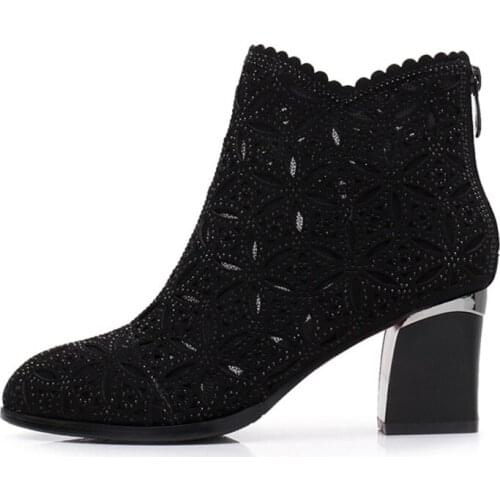 LLOGAI 2021 Women Air-Mesh Boots Fashion Short Boots Rhinestone High Heels Summer New Single Boots Thick with Hollow Breathy