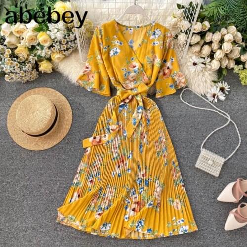 Boho 2020 V Neck Floral Print Summer Bandage Dress Midi Long Chiffon Party Women Casual Elegant Pleated Beach Holiday Dresses