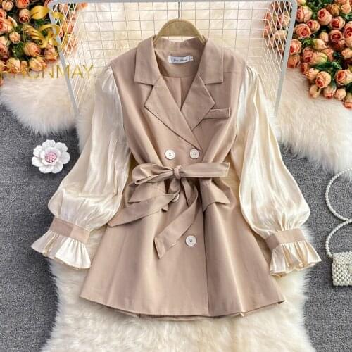 Women Vintage Double Breasted Mini Dress Long Sleeve Notched Collar Elegant Dress 2021 New Sashes A-line Party Dresses