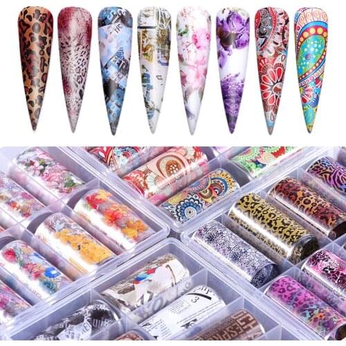10pcs / box Laser 3D Nail Foils Gradient Starry Sky Leopard Paper Flower Lace Sticker Manicure Wraps Nails Art Polish Decor