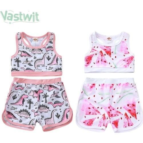 2021 Summer Baby Kids Girl Two Piece Swimsuit Child Swimwear Dinosaur Printed Water Sports Bikini Tankini Beach Bathing Suit