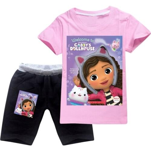 2021 Popular New Cotton Kids T-shirt +Shorts Gabbys Dollhouse Summer Sports Set Girls Casual Fashion Clothes Running Suit
