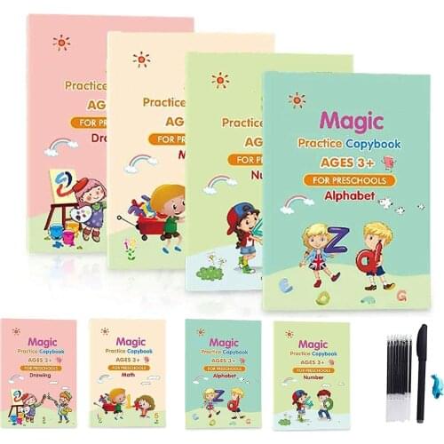 Montessori 4 Books + Pen Reusable 3D Magic Exercise Children 0-10 Writing Stickers Calligraphy English Numbers Letters Toys
