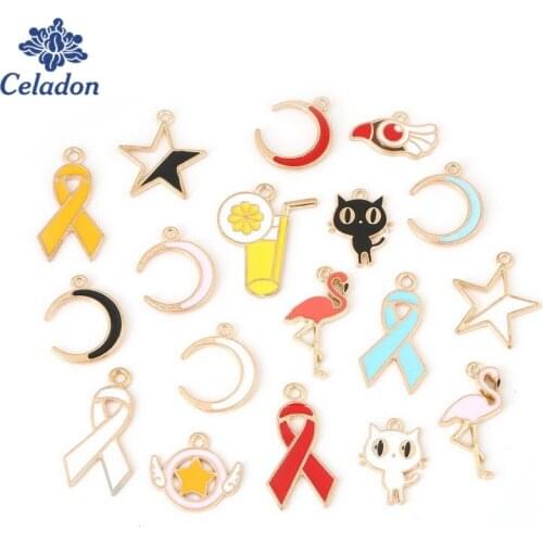 6-10pcs Enamel Charms for Jewelry Making Moon Star Ribbon Flamingo Pendant Women DIY fashion necklace