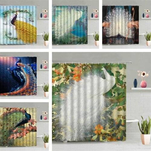 White Peacocks Shower Curtain Flower Bird Animal Scenic Oil Painting Wall Hanging Curtains Bathroom Waterproof Fabric Home Decor