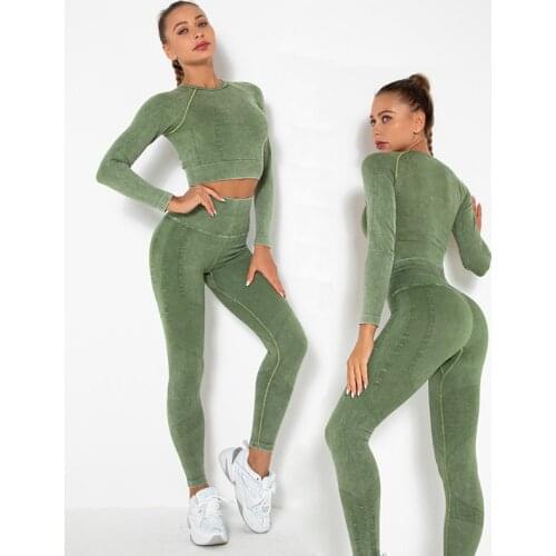 2 Piece Seamless Yoga Sport Suit Women Workout Outfit Long Sleeve Crop Top High Waist Leggings Gym Set Female Fitness Clothes