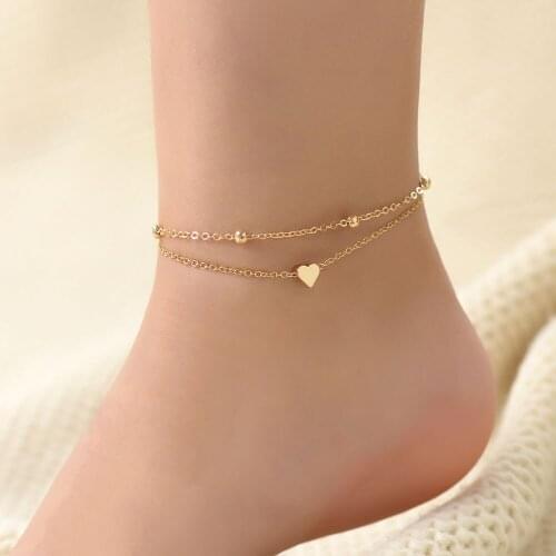 HIYONG Two Layers Chain Heart Love Gold/Silver Color Anklets Gifts For Women Bracelets Summer Harms Barefoot Jewelry Gifts