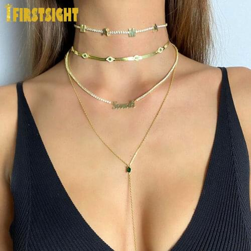 New Unique 5mm Snake Herring Bone Chain Green Evil Eye Necklace Gold Silver Color Iced Out Bling CZ Eyes Charm Women Choker